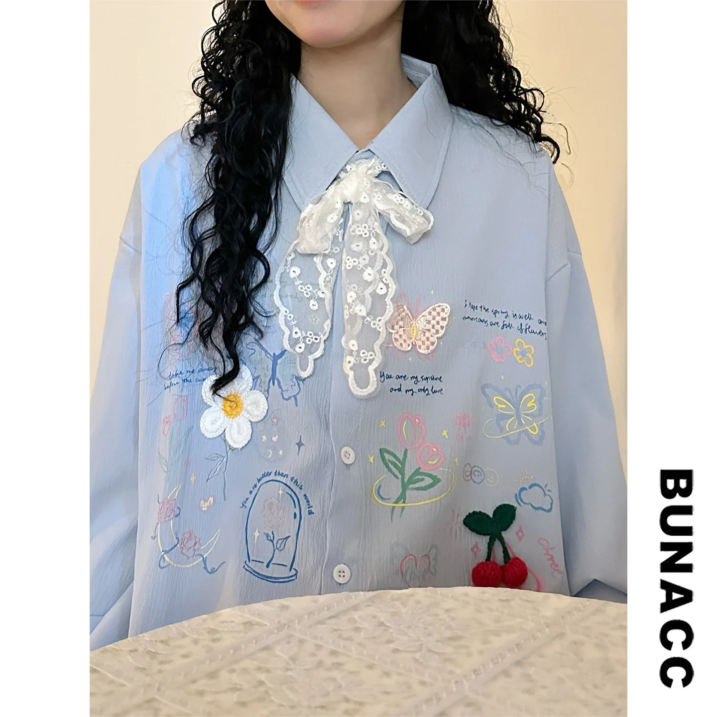 

Retro Cartoon Embroidery Long Sve irt Loose Fit ex Spring Faion College Sle Collar Button down Casual irt