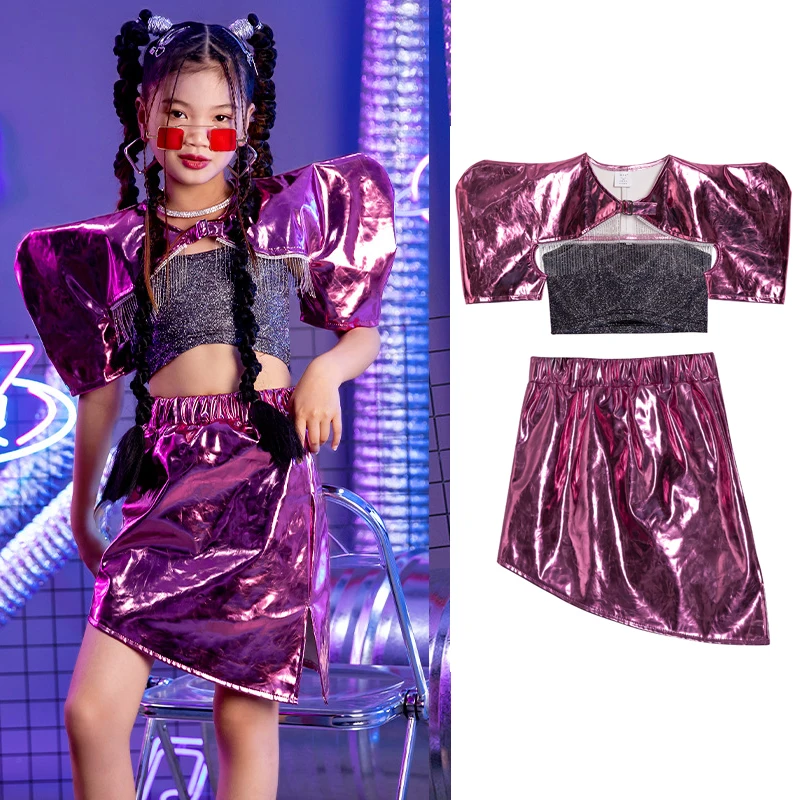 

New Hip Hop Clothing Girls Exaggerated Shoulder Laser Jazz Costume Kids Catwalk Kpop Outfit Stage Street Dance Wear XS6531