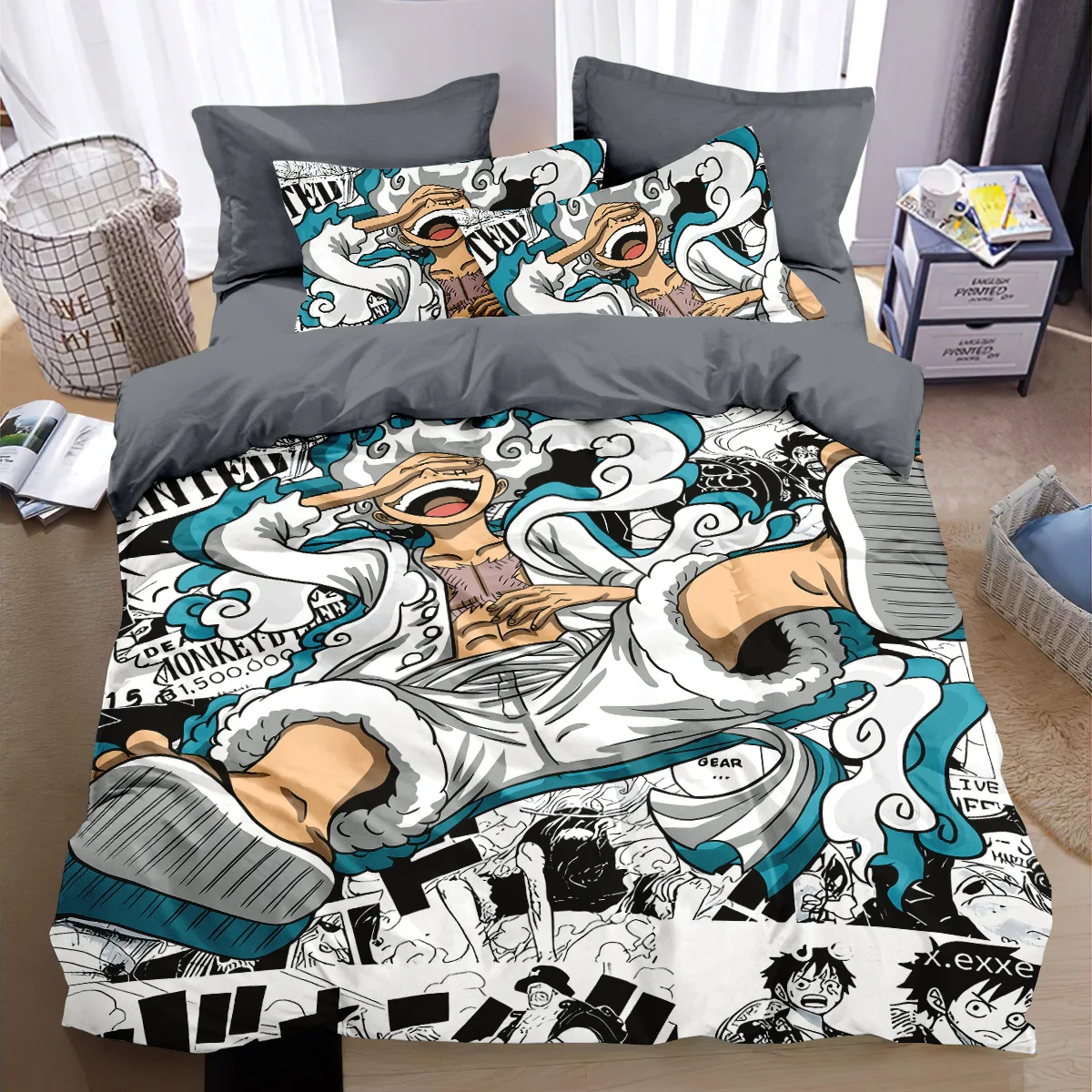 Cartoon Anime One Piece Duvet Cover Set Nika Luffy Gear 5. Zestaw pościeli Luffy Poszwa na kołdrę Poszewka na poduszkę Twin Single Queen King Size