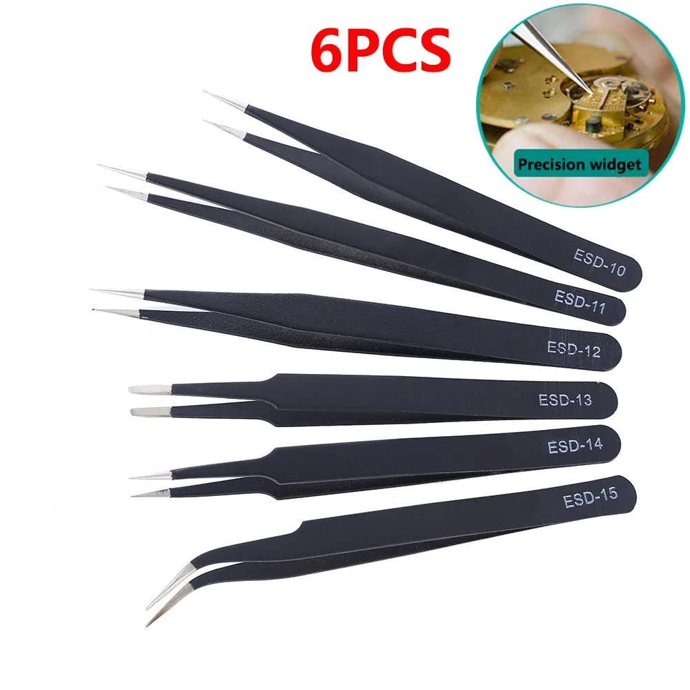 6Pcs Anti-static ESD Stainless Steel Tweezers Maintenance Tool Industrial Precision Curved Straight Tweezers Repair Tools Set