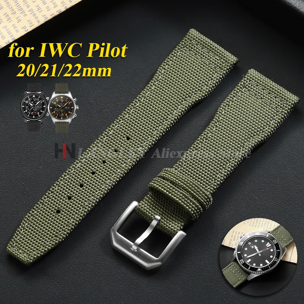 IWCパイロット用ナイロンキャンバス時計ストラップ 20mm 21mm 22mm グリーン ブラック スポーツウォッチバンド 牛革リストバンド メンズ レディース ブレスレット
