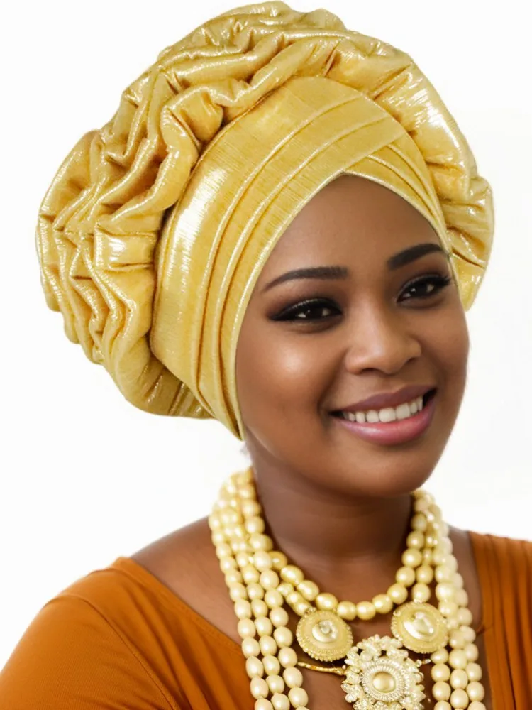 Moda damska brokatowa plisowana turban czapka dla kobiet Auto Gele opaska na głowę kobiece okłady na głowę afrykańska Nigeria wesele nakrycie głowy