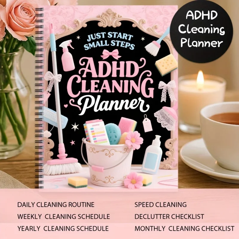 A5 ADHD Cleaning Planner Notebook, Guided Executive Function Workbook for Adults Teens, Daily Weekly Household Chore Checklist L