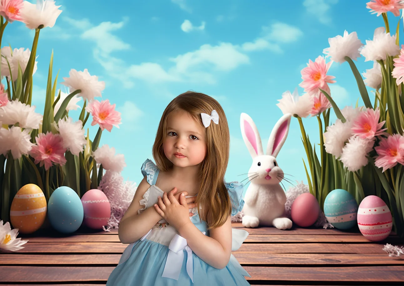 Spring Easter Photography Backdrop Wooden Floor Easter Egg Cute Bunny Sky-blue Flowers Birthday Portrait Background Photo Studio