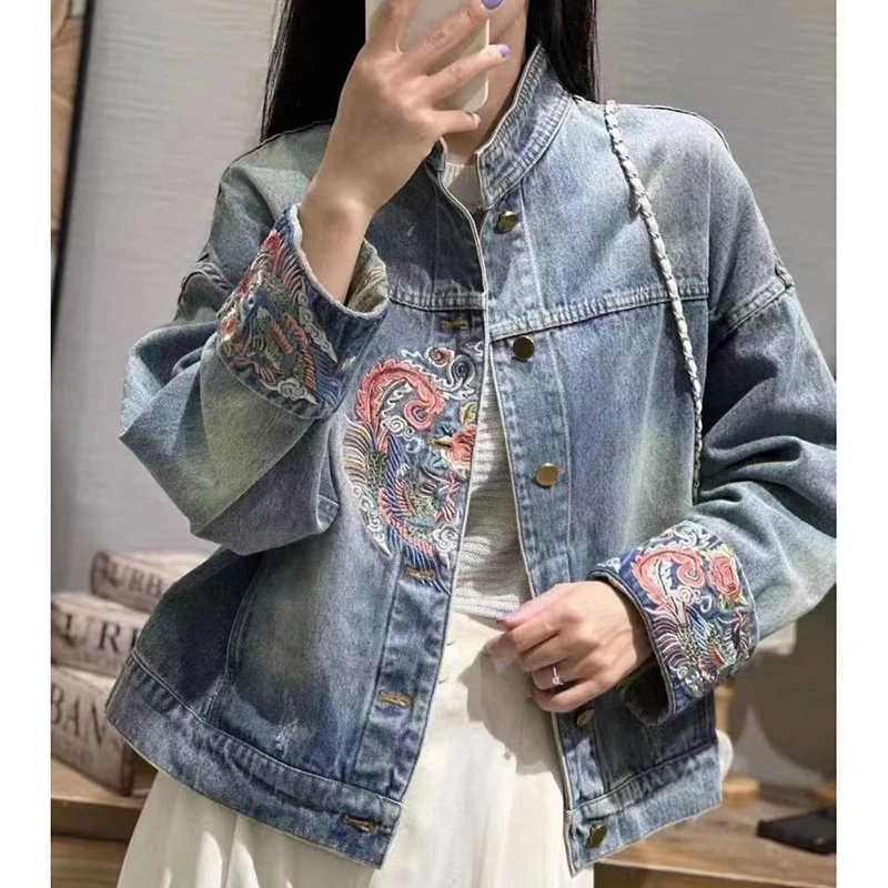 oversize Blue Denim Jacket Women 2025 Autumn New Retro Guofeng Clothing Embroidered Coat lady Long Sleeve Loose Bomber Jeans Top