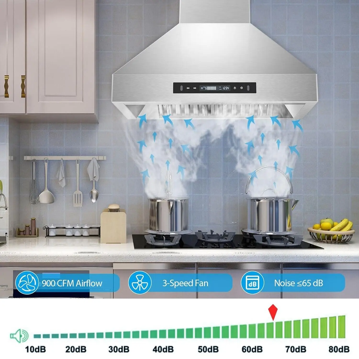 Tieasy 900CFM 30-inch Wall Mount Stainless Steel 3-Speed Fan Touch Screen LED Light Range Hood USGD2875