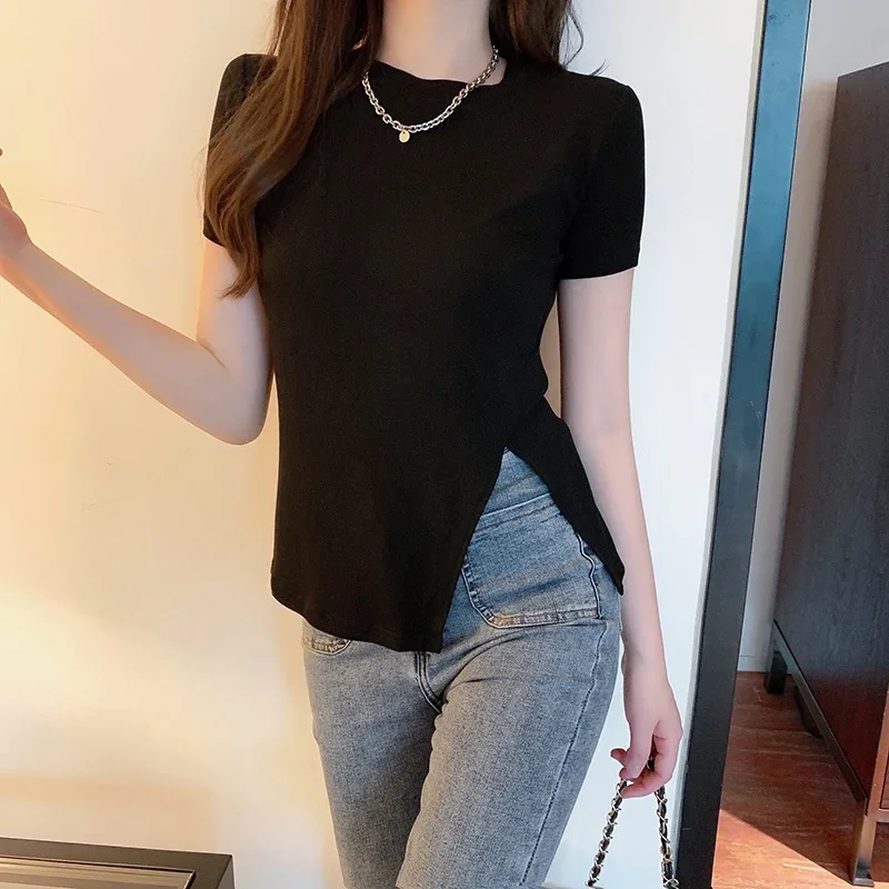 2024 Summer New Arrival Trendy Women's Black Short Sleeve T-shirt Crew Neck Slim Fit Body Shaping Side Slit Top For All Seasons