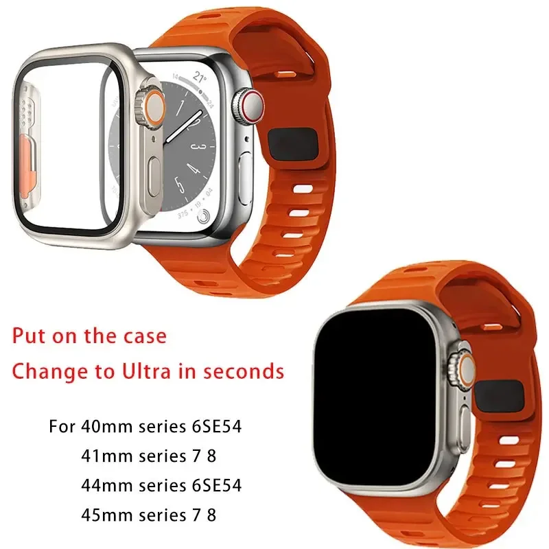 Silicone strap+case For Apple Watch Band 44mm 45mm 41mm 40mm Tempered Glass Cover Change to Ultra For iWatch Series 8 7 SE 6 5 3