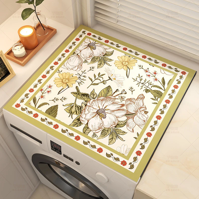 VIKAMA Line Art Floral & Folk Bloom Laundry Room Mat, Non-Slip Washable Absorbent, Decor for Laundry Room Bathroom Utility Room
