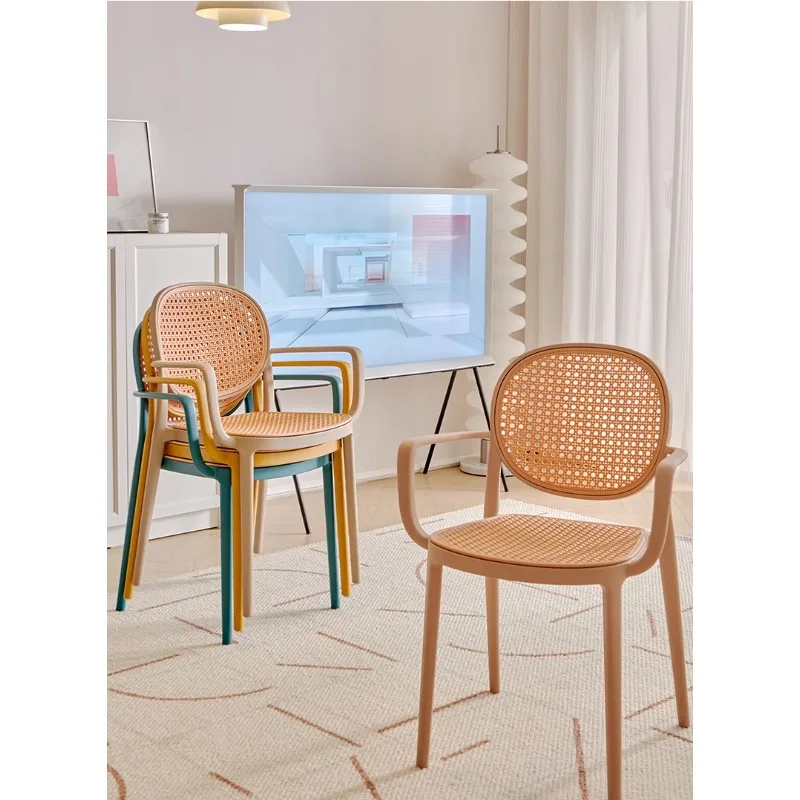 

Plastic dining chair imitation rattan weaving household balcony book table chair stackable with armrest backrest wabi sandy medi