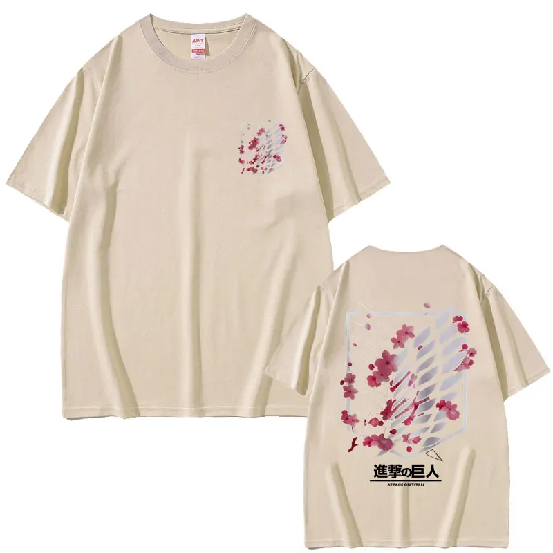 Japanese Anime Attack on Titan Cherry Blossoms Logo Print T-shirt Men Women Manga Retro Oversized T Shirts Male Casual T-shirts