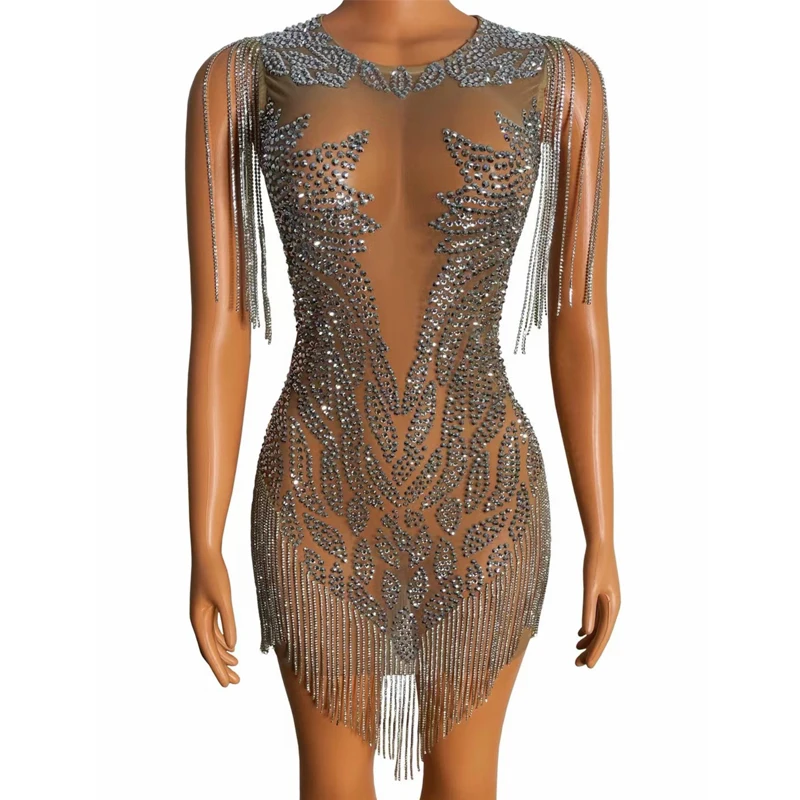 Kostium do jazzu dla grupy kobiet, seksowna sukienka z siateczki, zdobiona cyrkoniami i frędzlami, sukienka na imprezę do baru, klubu nocnego, kostium do tańca jazzowego na scenę XS10428