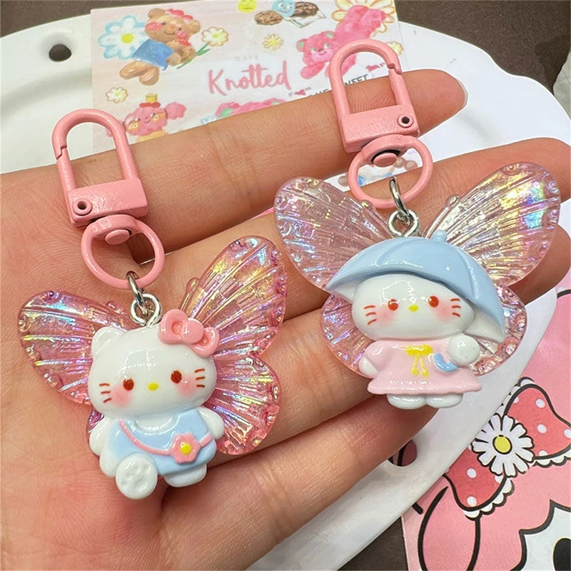 Sweet Butterfly Hello Kitty Chaveiro, Cartoon KT Cat Key Ring, Saco Pingente, Porta-chaves do carro, Fone de ouvido Charme, Presente do melhor amigo