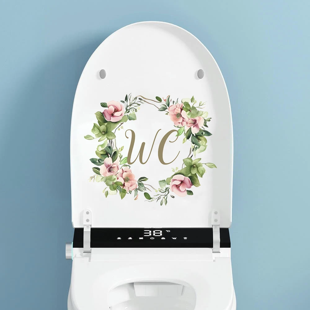 Flower WC Wreath Bathroom Door Wall Decal Sticker Pink Floral Wreath Sign Wall Sticker for Restroom Toilet Washroom Decor