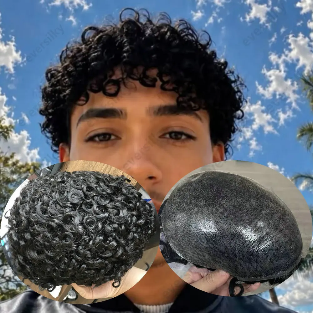 Extrem langlebiges Toupet für Herren mit natürlichem Haaransatz, 18 mm, lockige Afro-Perücke für Männer, schwarz, braun, grau, dünnes Mikro-Haut-Haarteil, Echthaarsystem – Detail 1