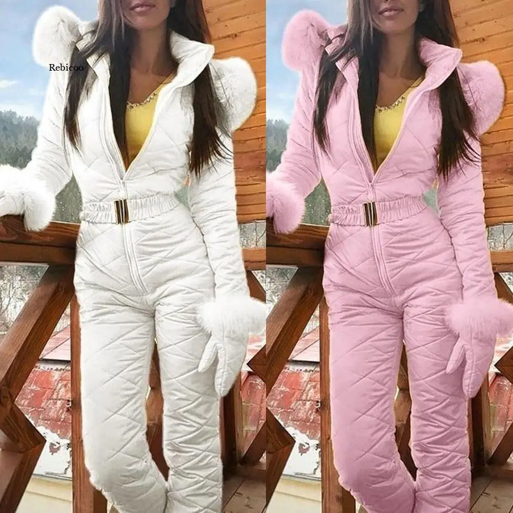 Jumpsuit Ski Bulu Domba Hangat Bertudung Kerah Bulu Imitasi Ritsleting Luar Ruangan Wanita Musim Dingin