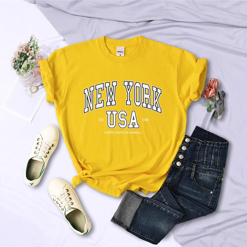 New York Usa Est 788er Set Ci Letter Damen T-Shirt Cool Street Sle ort Sve rundes Ne bedrucktes Top für die Frühlingssaison