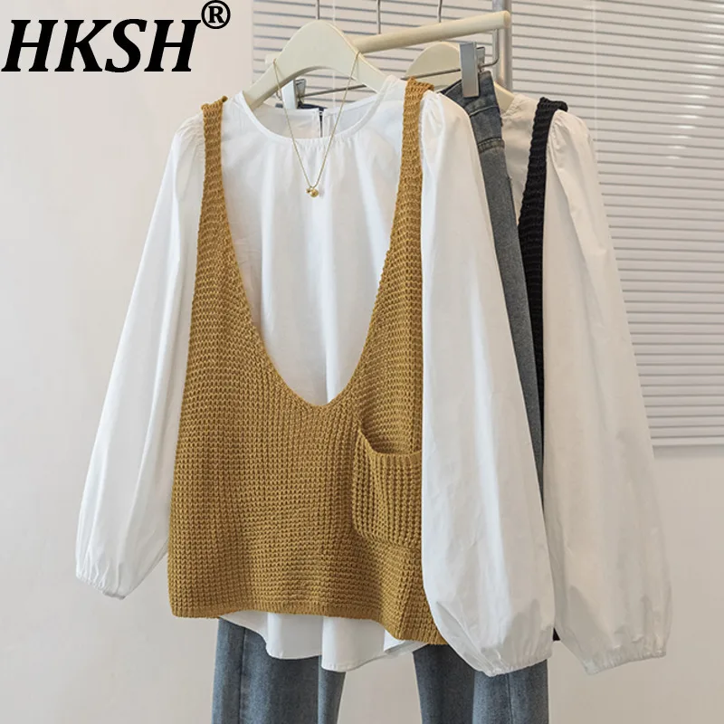 

HKSH Autumn Winter New Two-piece Set O-neck Long Sleeve Shirt Matching Knitted Waistcoat Oversized Chic Women's Clothing HK11978