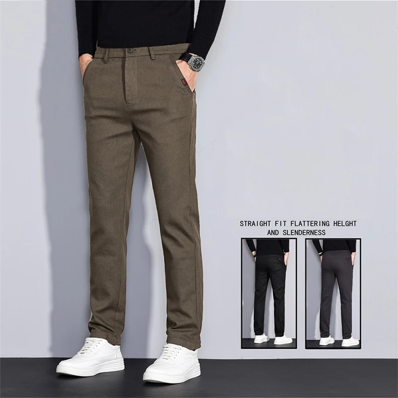 

Autumn Winter Thickened Warm Men Business Causal Pants Fashion Slim Fit Straight Leg Pants New Male Versatile Coffee Trousers