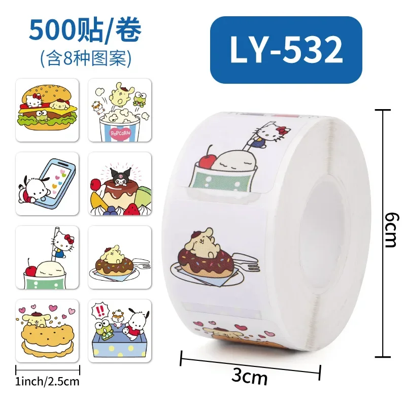 Sanrio Gourmet Stickers Square Seal Stickers 500PCS Self-adhesive Labels Children\'s Cartoon Roll Stickers Christmas Gifts