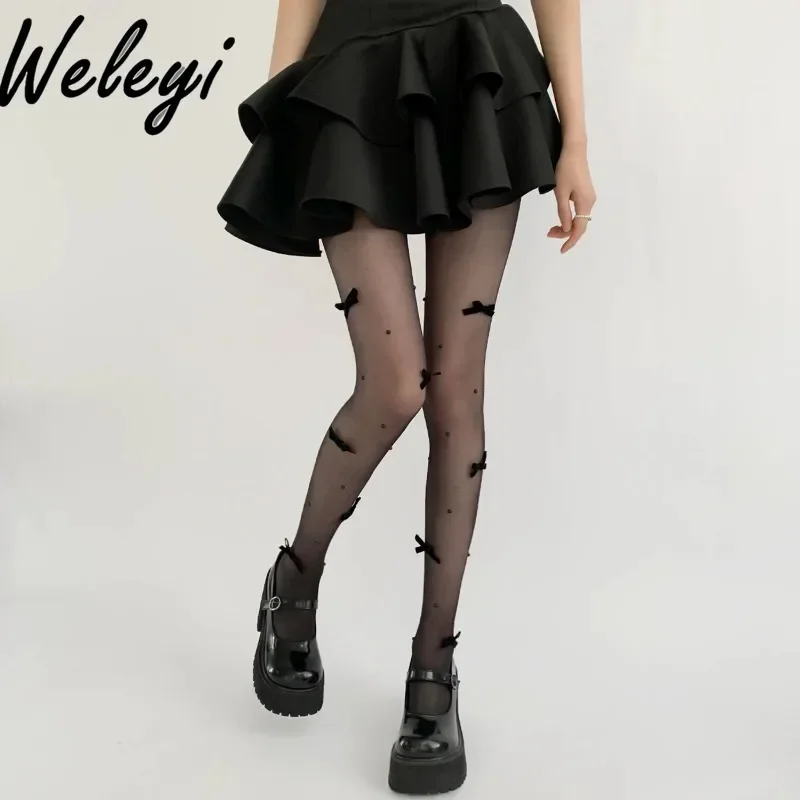 

Jirai Kei Kawaii Lolita Sex Pantyhose Children Thickened Bow White Silk Pure Socks Pearl Black Silk Thigh Highs Stockings Women