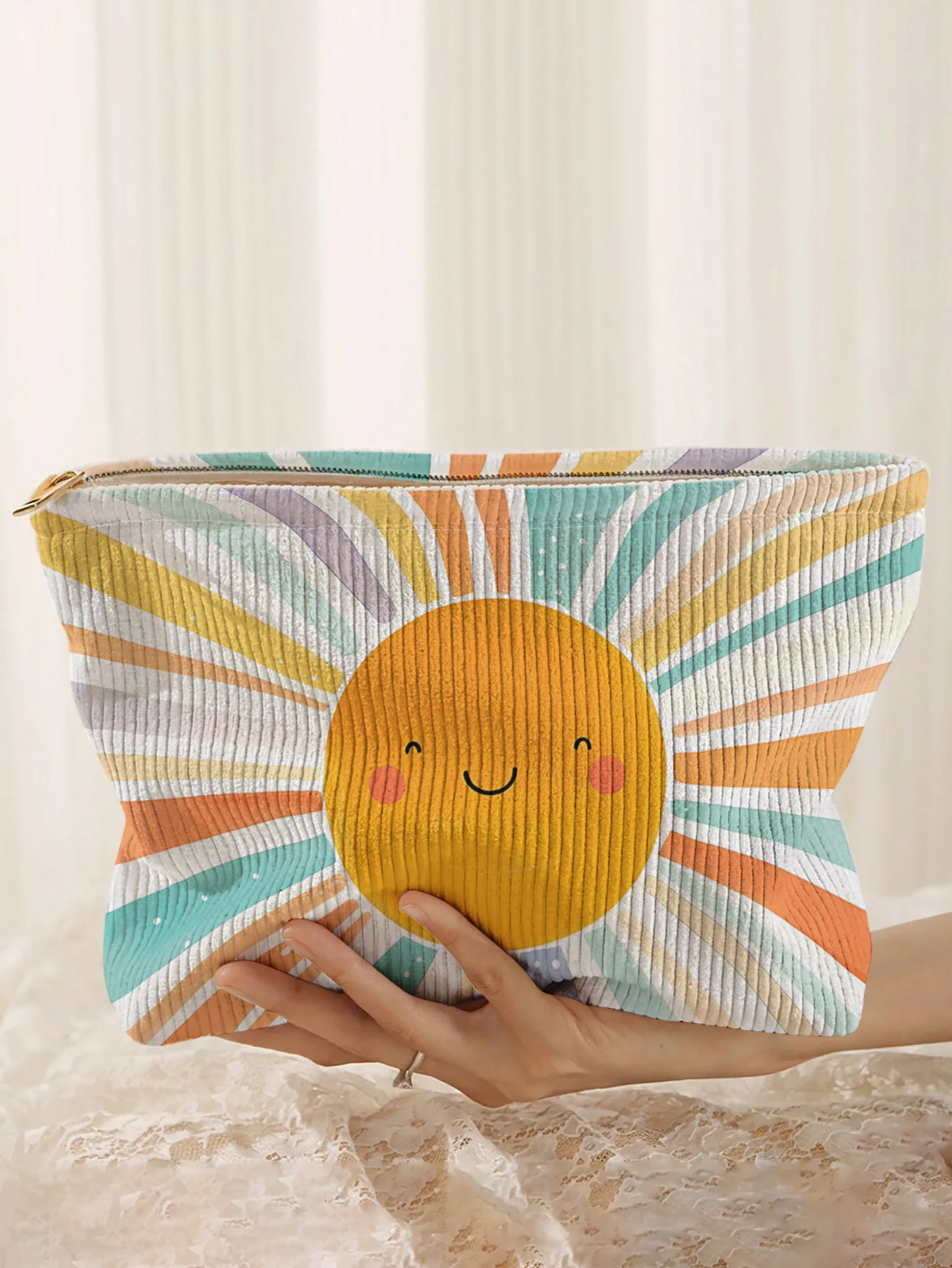 Cute colorful smile sun ray printed corduroy makeup bag, lightweight zipper pouch, multifunctional lined cosmetic bag