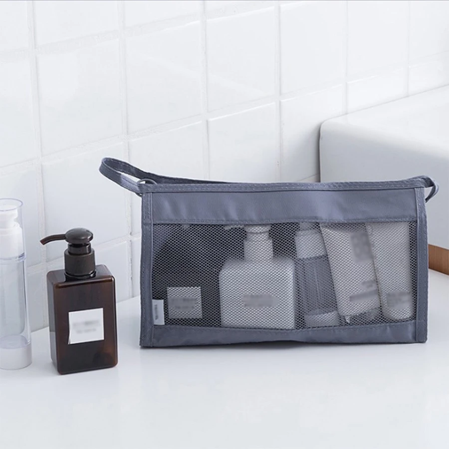 Borsa da toilette da viaggio multifunzionale in tessuto a rete portatile di grande capacità, adatta per l\'uso quotidiano e l\'uso in viaggio