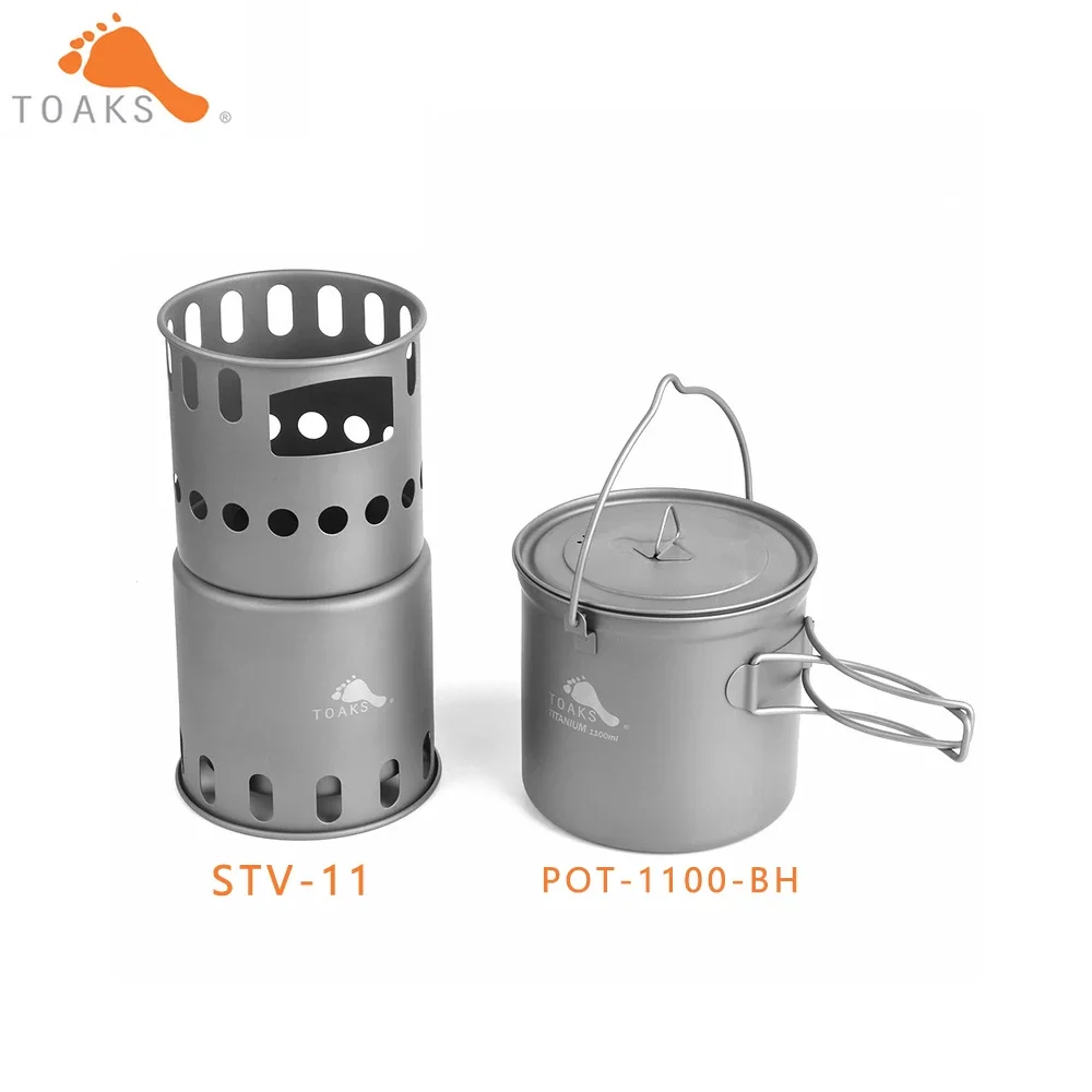 

Титановый комбинированный набор TOAKS POT-1100-BH и STV-11, туристическое снаряжение, кастрюля 1100 мл с ручкой-переноской и дровяной печью, портативная горелка