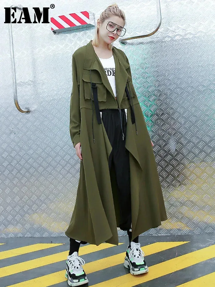 [EAM] Women Army Green Ribbon Big Size Long Trench New Lapel Long Sleeve Windbreaker Fashion Tide Spring Autumn 2024 1DH4543