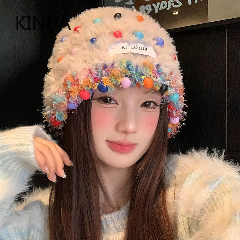 المرأة الملونة غطاء للأذنين قبعة صغيرة شتاء دافئ رقيق أفخم Skullies قبعة الكورية الباردة واقية محبوك تزلج الثلوج بونيه Plu قبعة