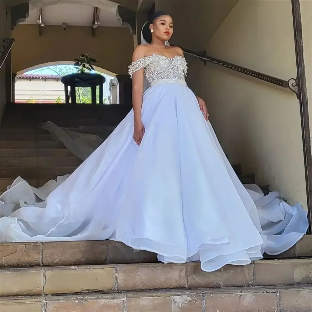 

Customized Luxury Heavy Beaded Off-Shoulder Mermaid Wedding Dress Bridal Gown Ball Gown Train