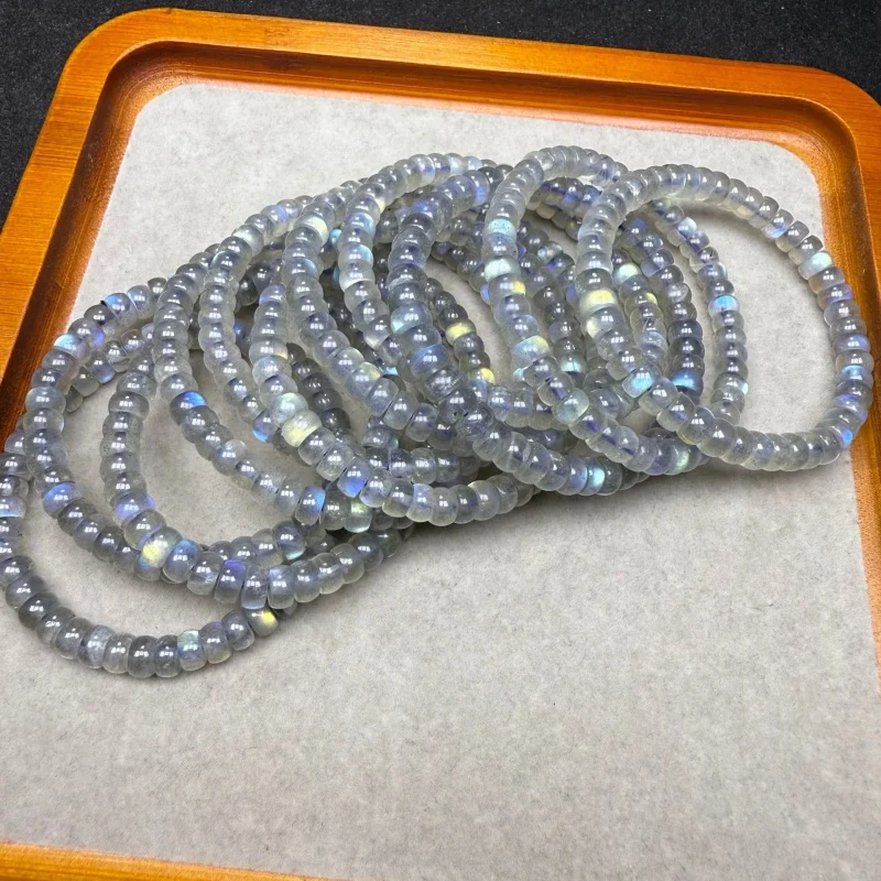 Natural Vintage-Style Gray Bracelet With Sparkling Colorful Moonstone Crystals And-Like Small Lamp Beads Of Labrad