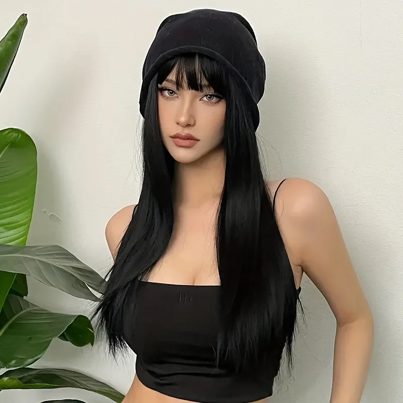 26-inch fashion  air bangs long straight hair wig full head set European and American ladies selling high temperature silk fiber