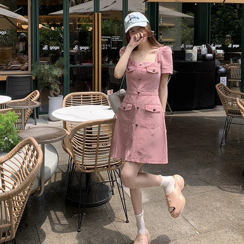 

Women Mini Denim Dresses Summer Female Square Collar Short Sleeve Large Size L-3XL Elegant A Line Pink Single-breasted Vestidos