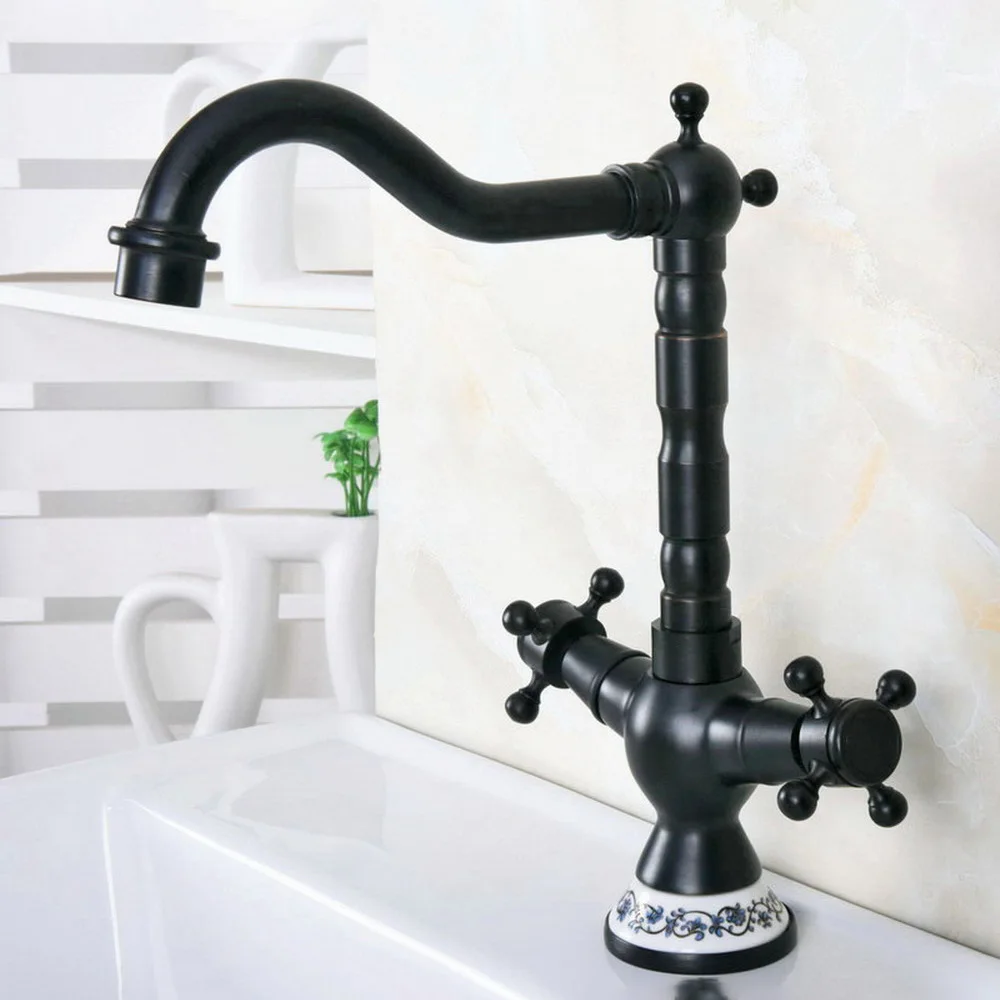 Black Oil Rubbed Bronze Dual Cross Handles Bathroom Kitchen Basin Sink Faucet Mixer Tap Swivel Spout Deck Mounted mnf644