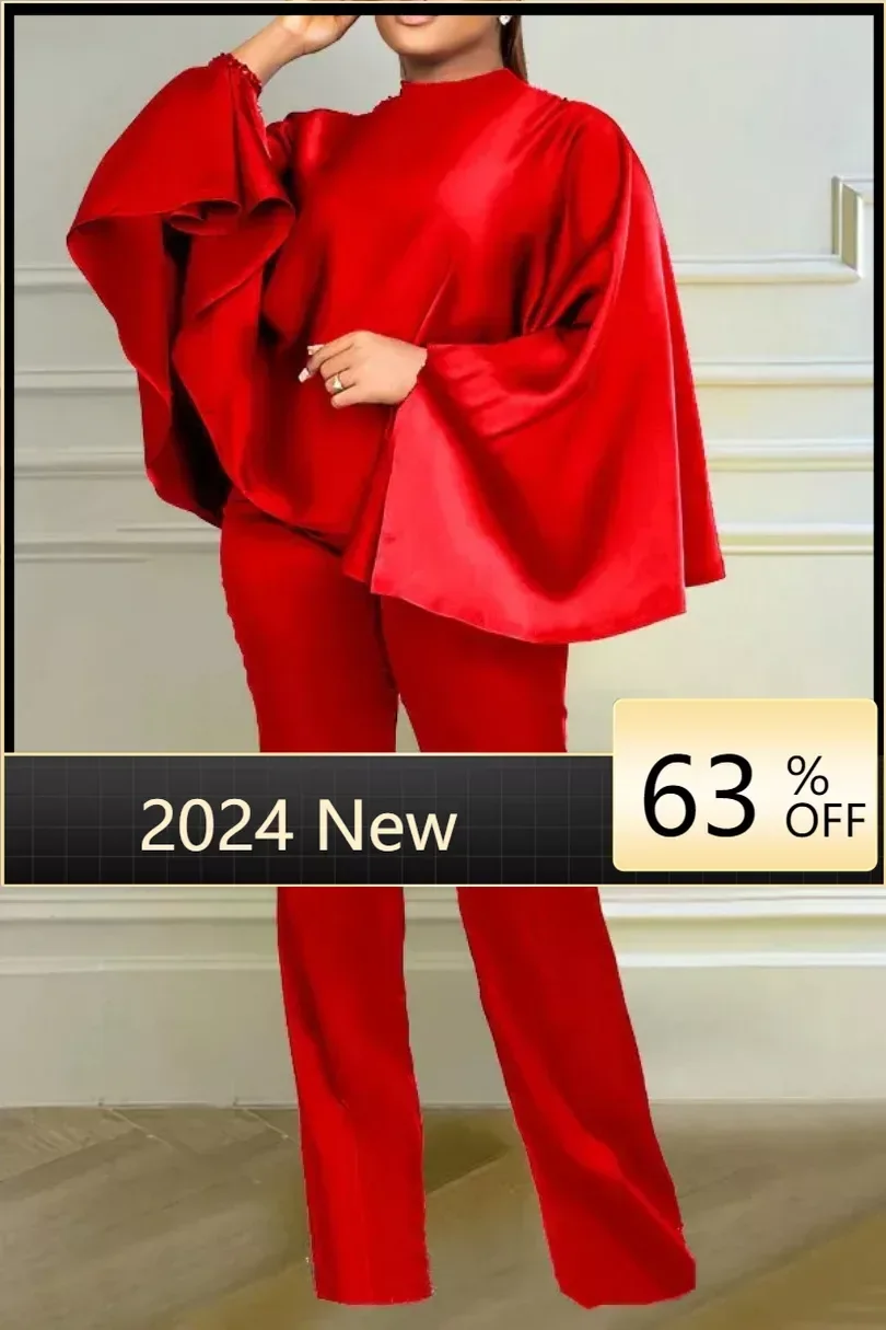 

Fashion Satin Women's Set Clock Long Sleeve Blouse and Wide LegPants 2024 Vintage Two 2 Piece Sets Outfits Tracksuit