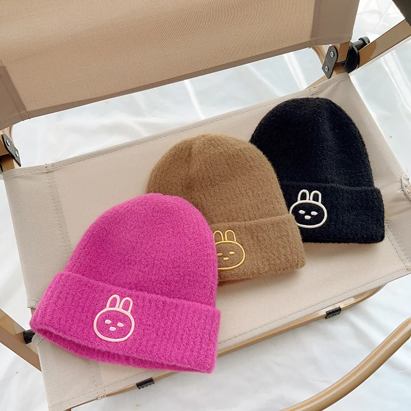 

Детские шапки с милым мультяшным кроликом, однотонные вязаные шерстяные теплые пуловеры, шапки для мальчиков и девочек, зимняя ветрозащитная детская шапка