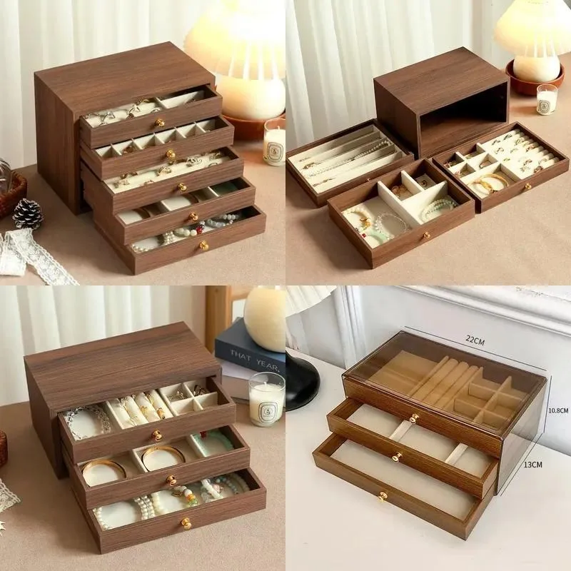 3 Layer Solid Wood Jewelry Storage Cabinet Velvet Necklace Ring Earrings Organizer Box with Drawer and Lock for Women Gift