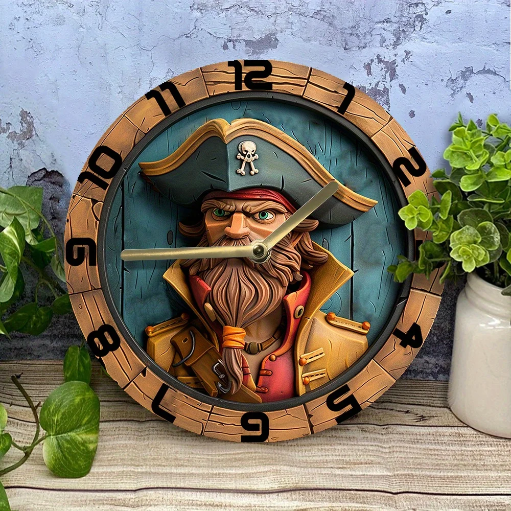 Pirate Captain Theme Wall Clock, DIY Craft Kit, High-Definition 2D Printed Office/Home Decor, Includes Clock Movement - Ideal