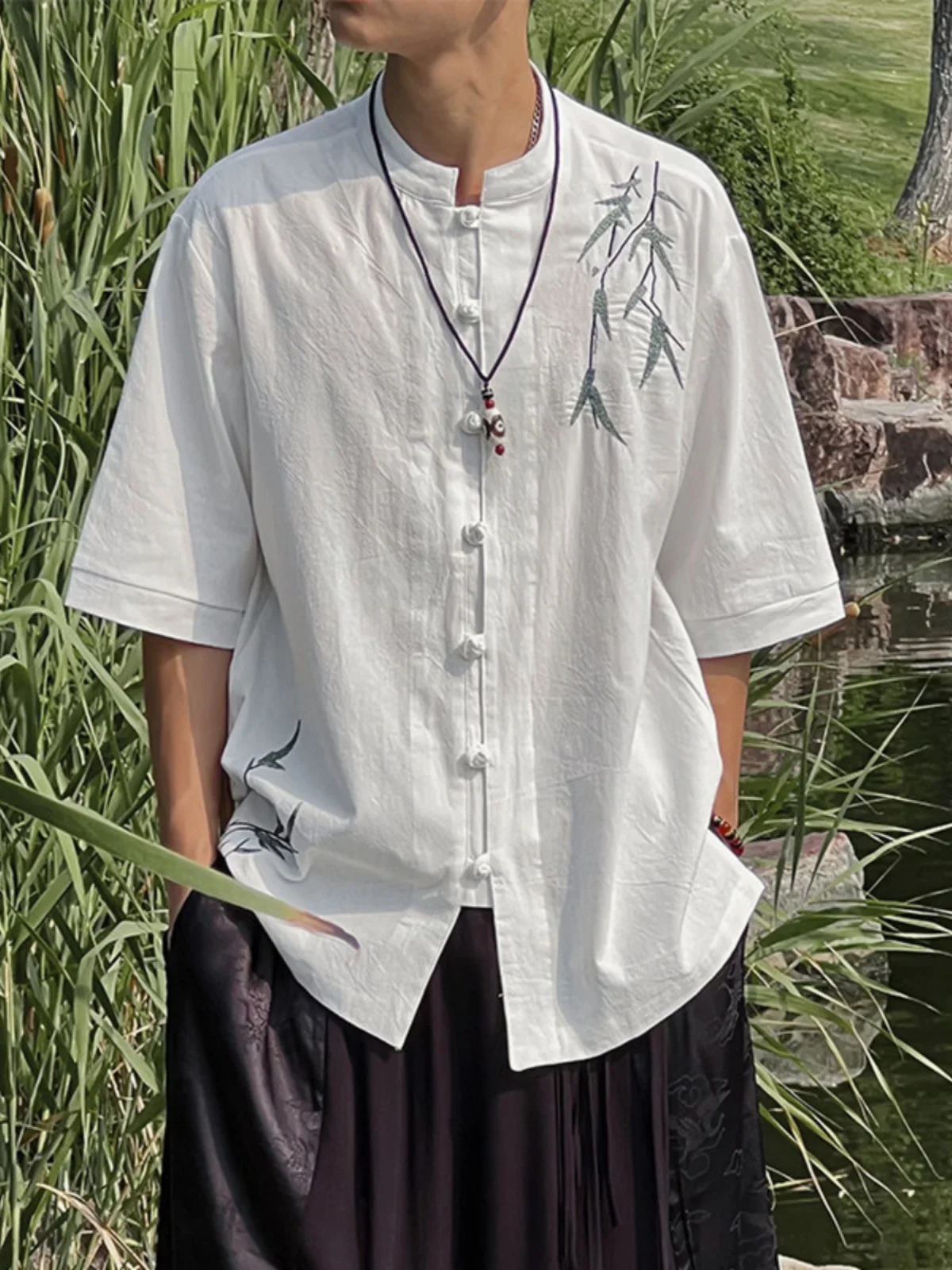 

New Chinese Sle Men's Summer Thin Cotton Linen irt Embroidered National Sle Top ort Sve Zhongan Tang Costume