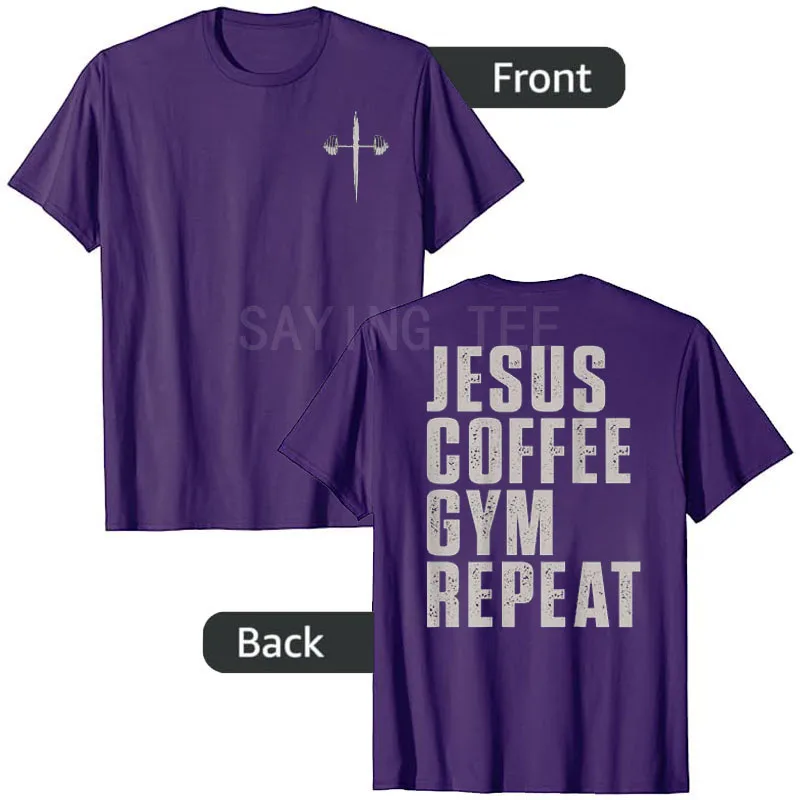 Jesus Coffee Gym Repeat Funny Gym Coffee Jesus T-Shirt Y2k Fitness Exercise Life Style Saying Tee Weightlifting Graphic Outfit