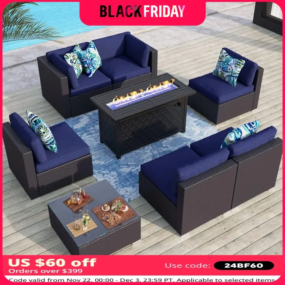 8 Pieces Outdoor Patio Furniture Set ，with 45-Inch 50,000BTU Fire Pit Table， Rattan Sectional Sofa Patio Conversation Set