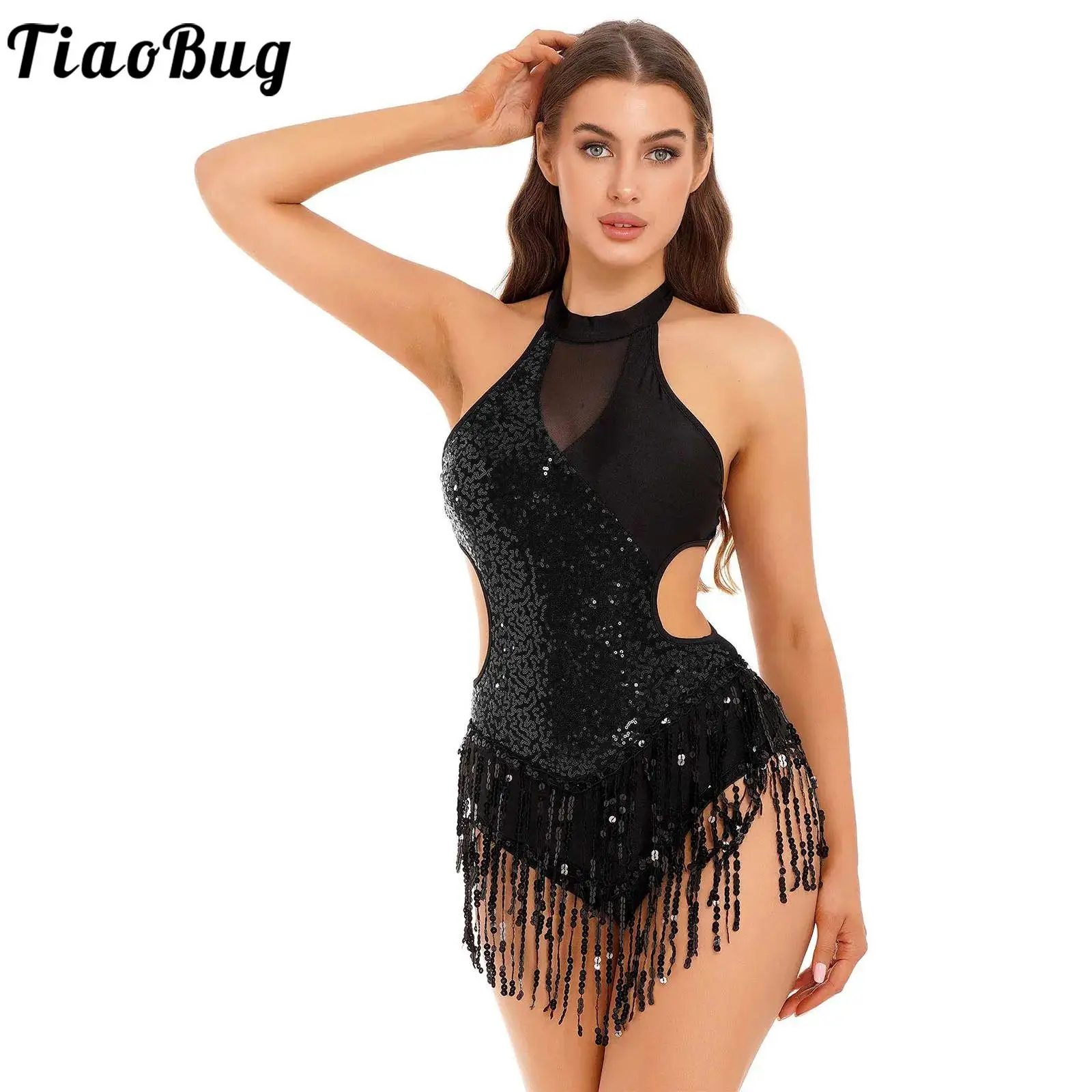 Women Latin Dance Performance Costume Sparkling Sequin Color Block Patchwork Bodysuit Sleeveless Fringed Leotard Jazz Dance Wear