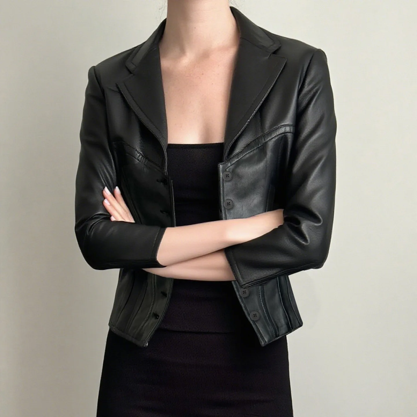 Elegancka, seksowna skórzana marynarka z rozcięciem przy kołnierzyku zapinanym na guziki, w stylu vintage, idealna do pracy, importowana dla kobiet.