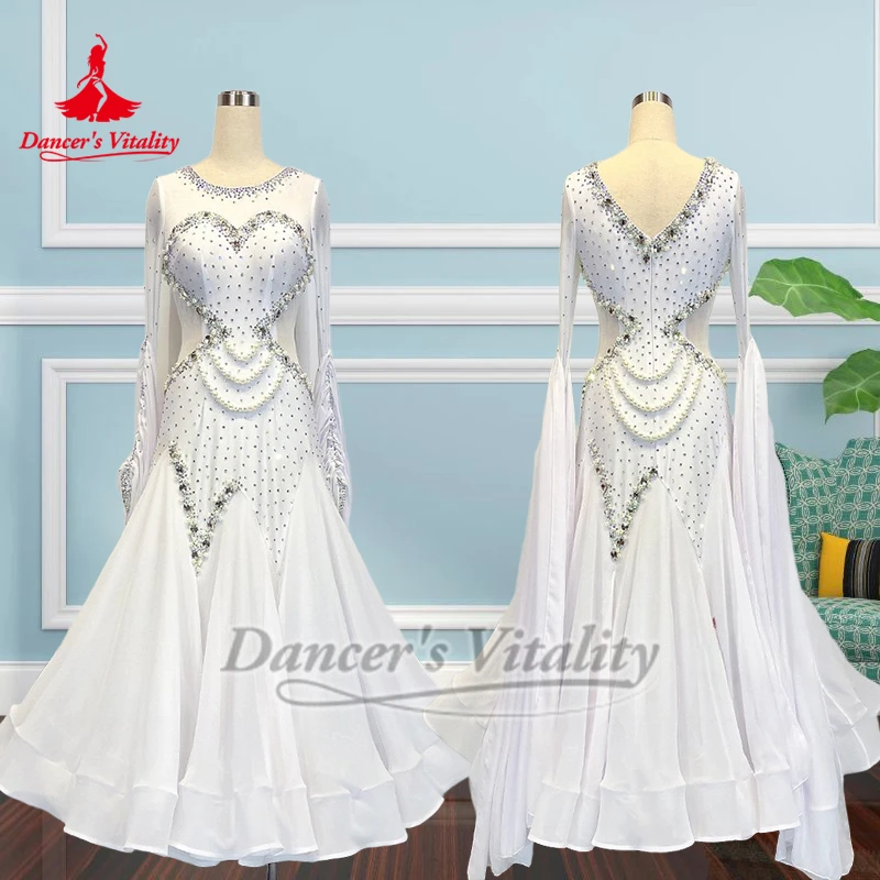 Female Social Dance White Pearl String Decorate Dresses Customized Adult&Child Waltz Tango Competition Outfit Dancer's Vitality