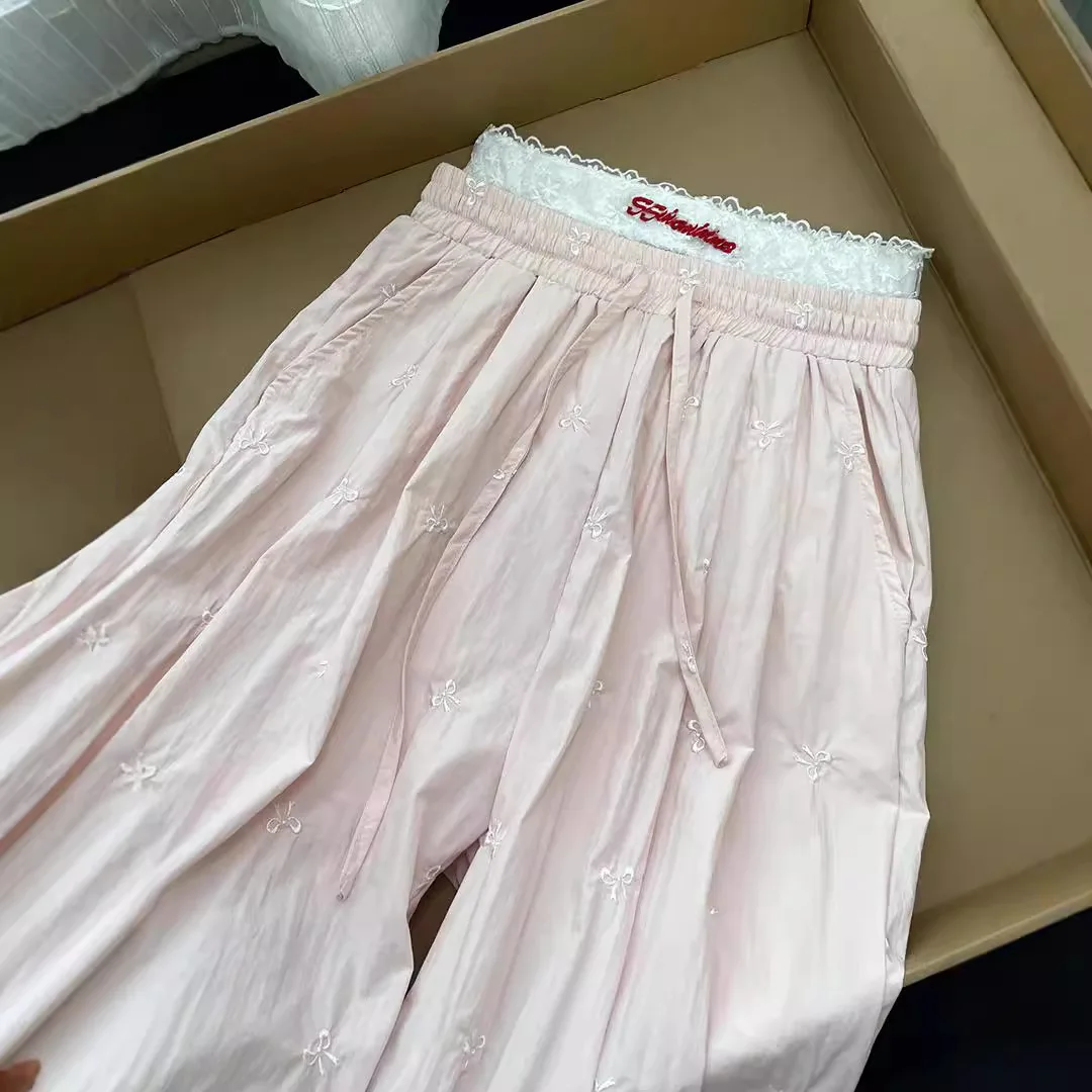

Bow-embroidered pink casual pants children's summer thin lazy slack Harajuku straight wide-leg trousers