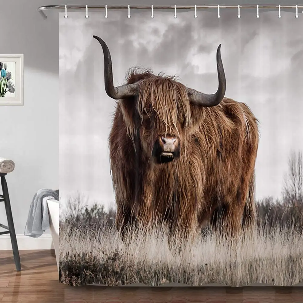 Farmhouse Cow Shower Curtain Highland Bull Cattle Farm Animals Windmill Grassland Bathroom Decor Fabric Bath Curtains with Hooks