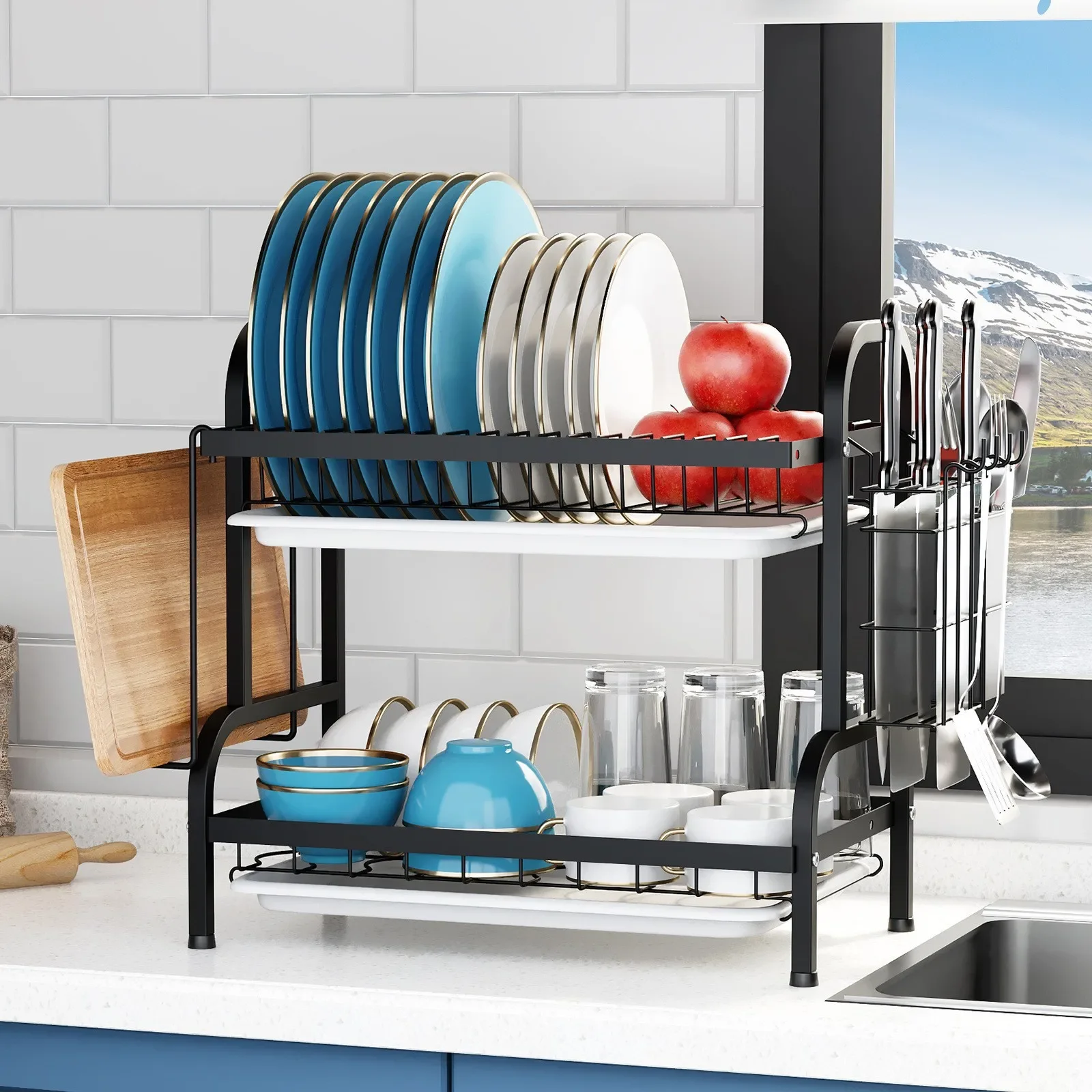 High Quality Kitchen Utensil Storage Rack Household Countertop Storage Rack 2-Layer Cupboard Multifunctional Utensil Drain Rack