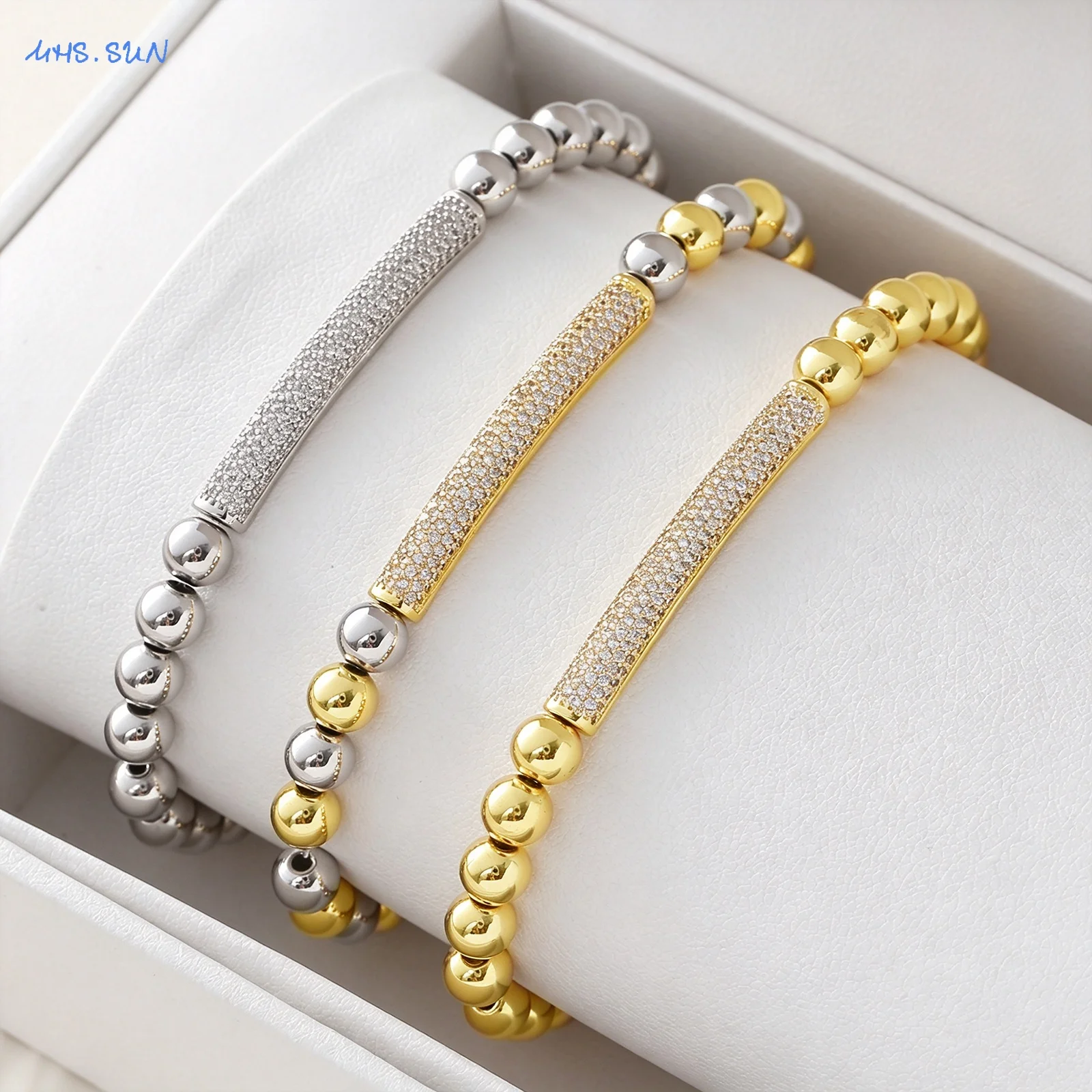SUNSLL Fashion Gold/Silver Plated Zircon Inlaid Tube Bead Elastic Bracelet Daily Party Jewelry Gift For Women Men Wholesale