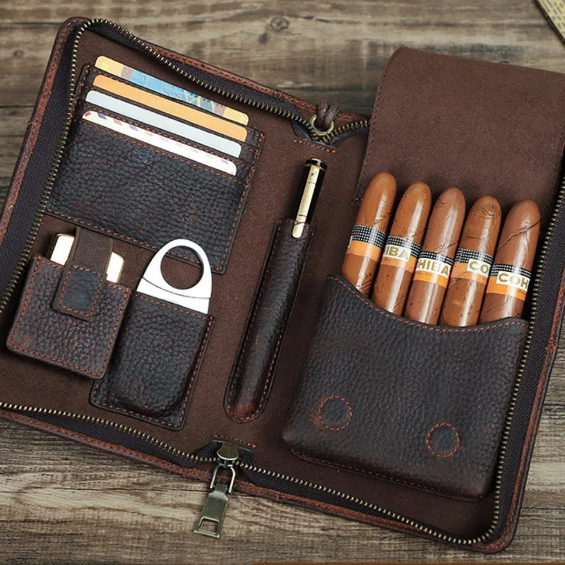 Fashionable British Style Top Layer Cowhide Wrangled Box Travel Portable Leather Set Five Cigar Utensils Storage Bag Men Wallets